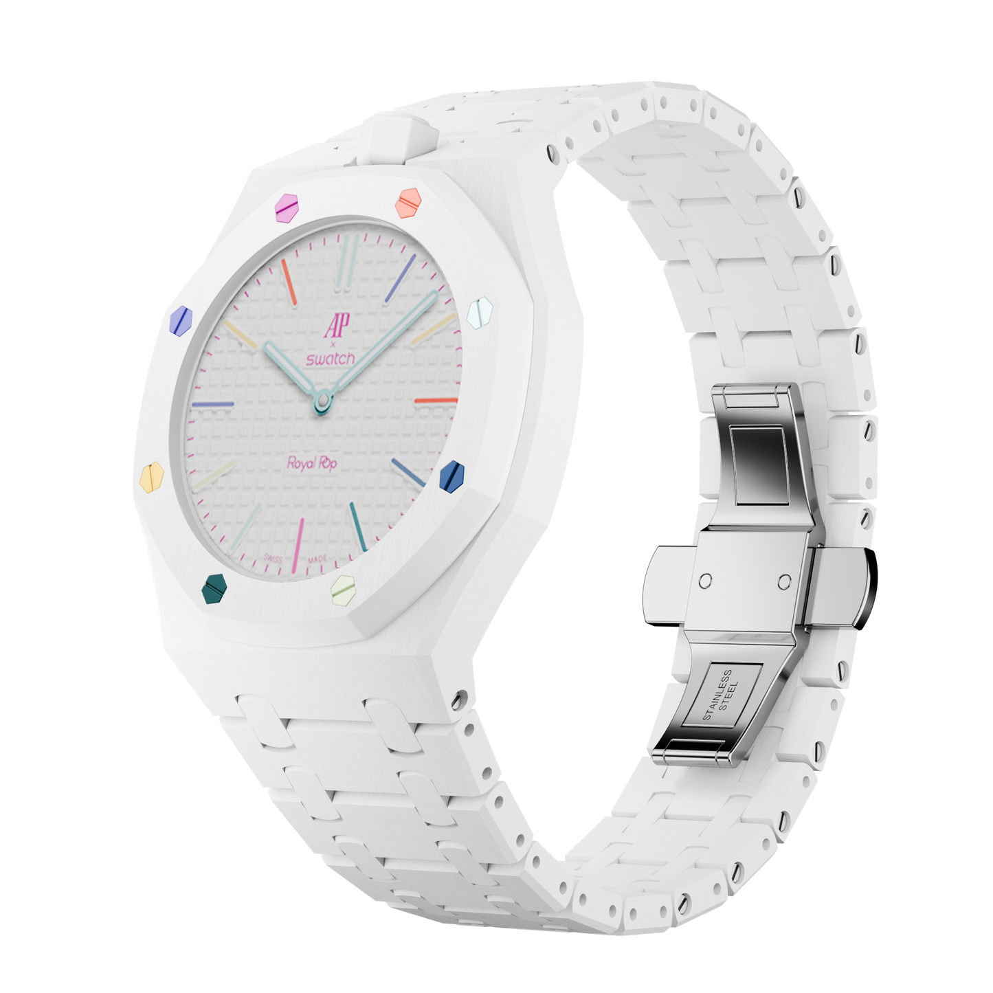 Royal Pop Integrated Link Bracelet Band – Arctic White – Vertical Crown Edition | Waloo Bands