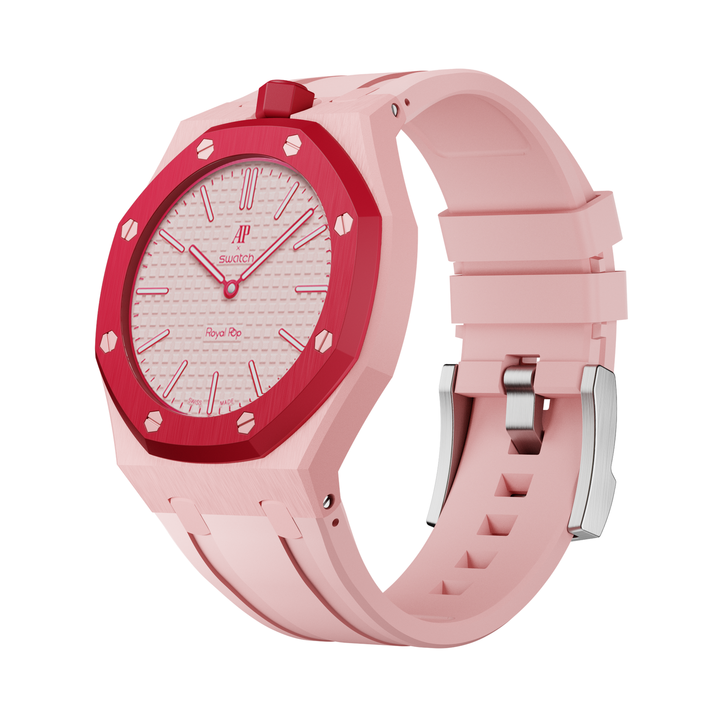 AP x Swatch Royal Pop Performance Band – Rosé Pink – Vertical Crown Edition | Waloo Watch Bands