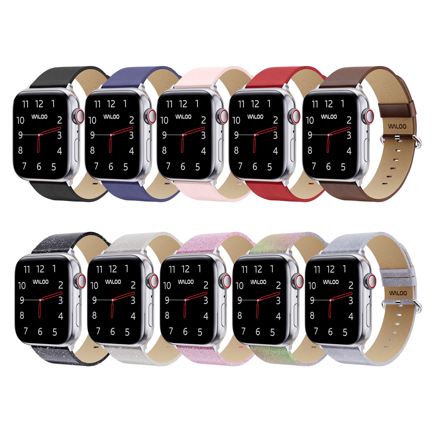 Waloo 2-Pack Leather Grain & Shiny Brilliance Leather Bands For Apple Watch