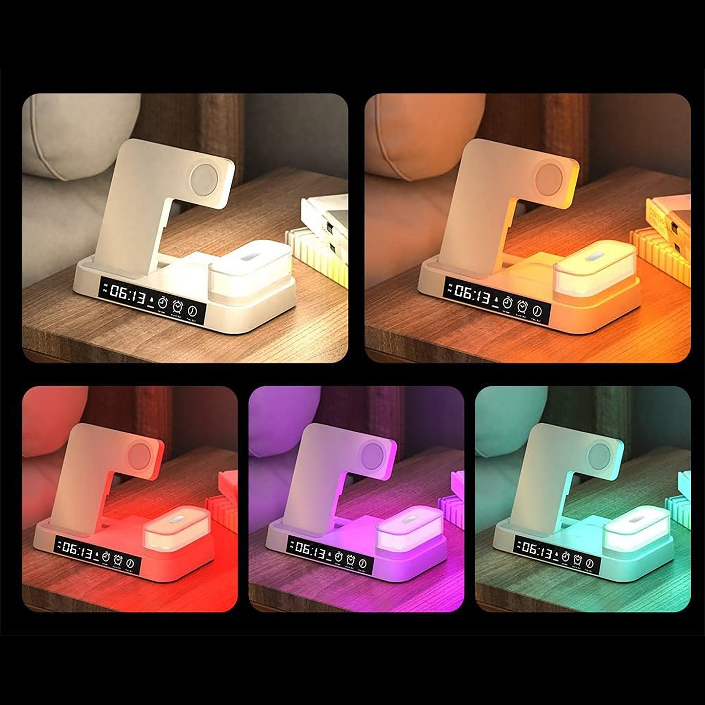 Waloo Wireless Charging Dock With Multi Colored Night Light & Alarm Clock For iPhone, Apple Watch & AirPods