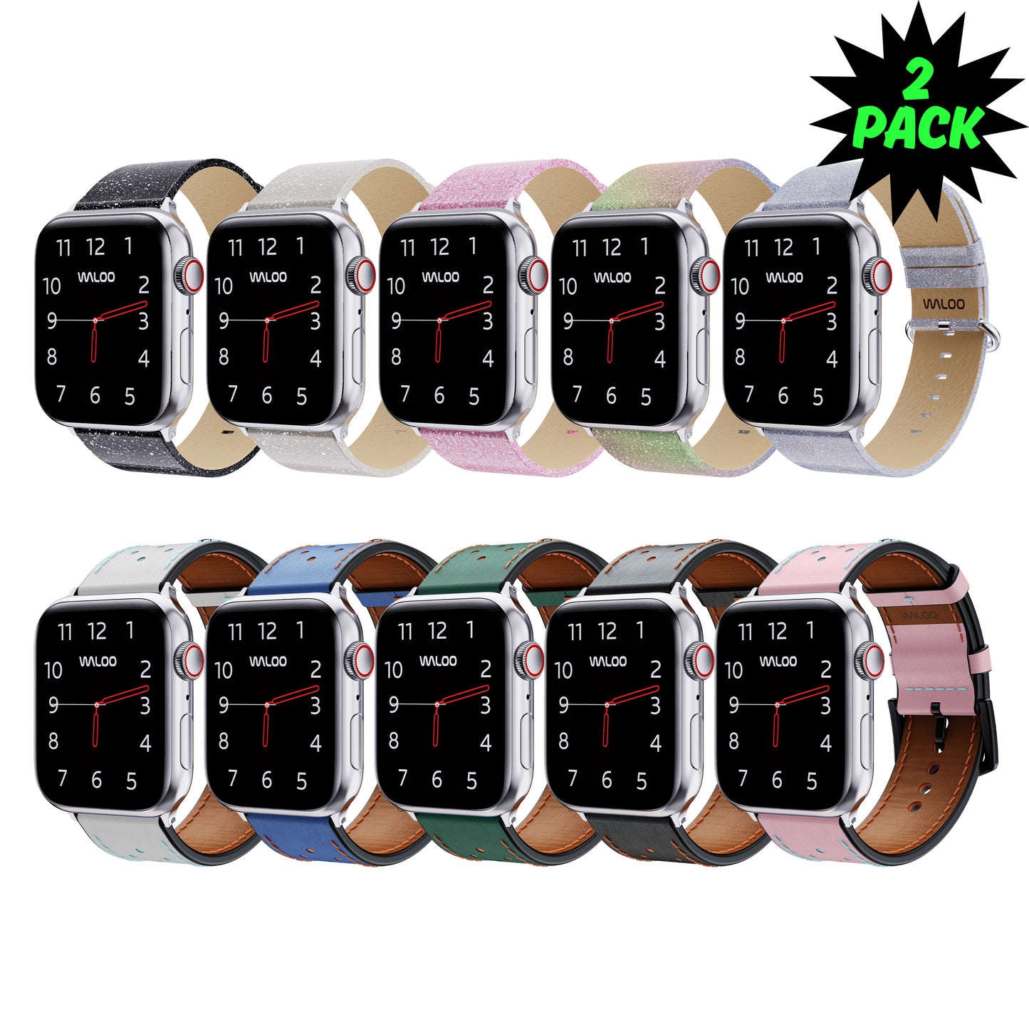 Waloo 2-Pack Shiny Brilliance & Breathable Leather Bands For Apple Watch