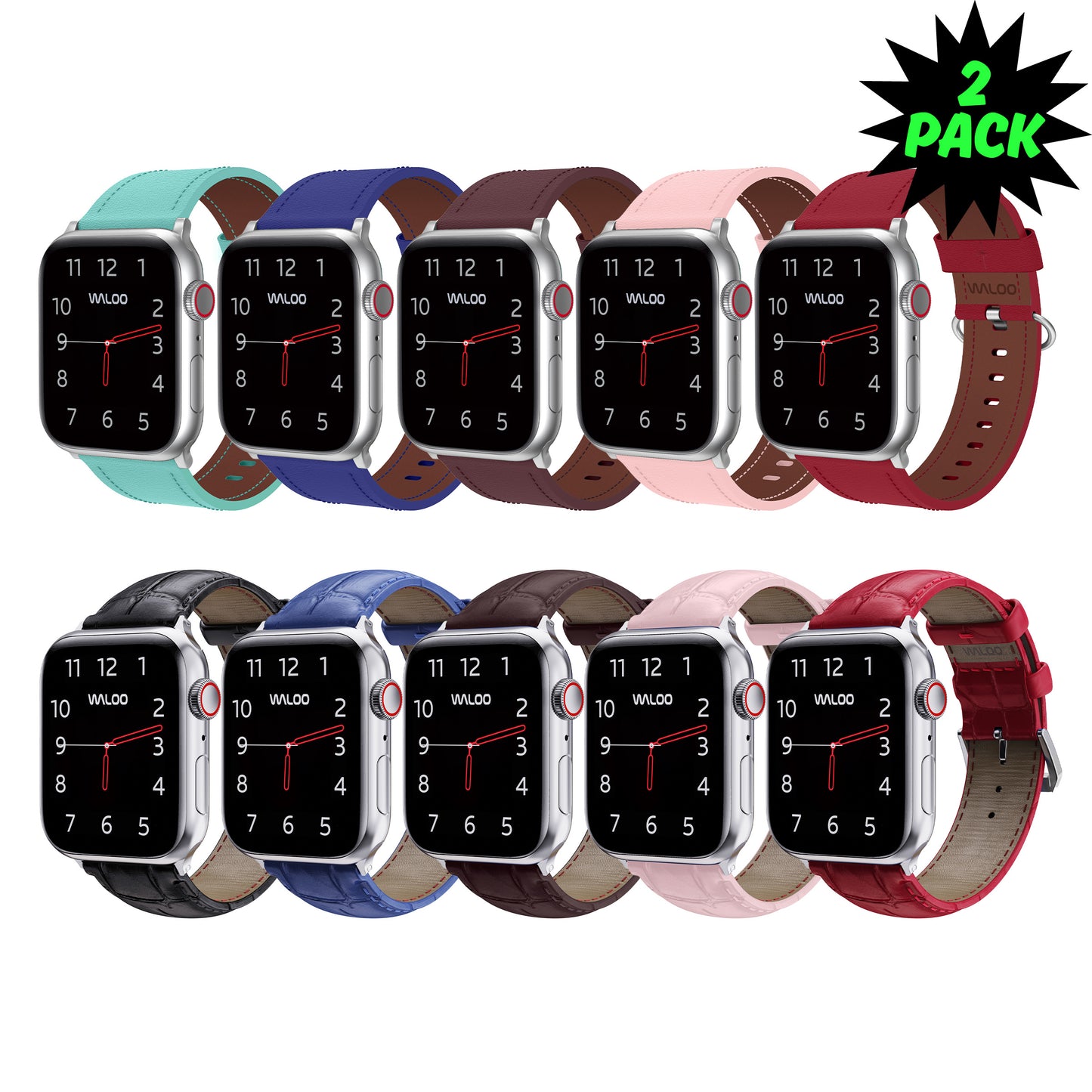 Waloo 2-Pack Classic Leather & Crocodile Leather Bands For Apple Watch