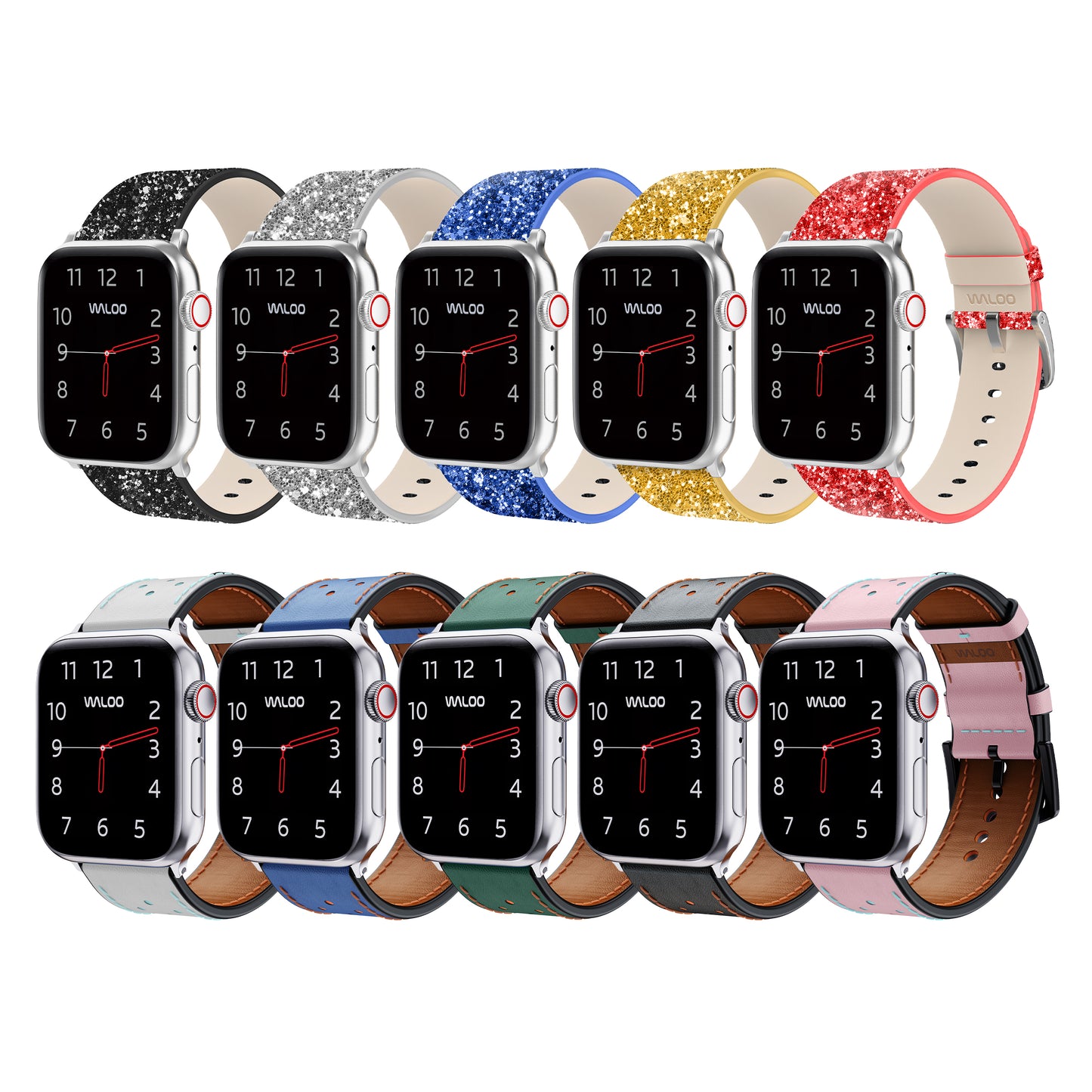 Waloo 2-Pack Leather Bling & Breathable Leather Bands For Apple Watch
