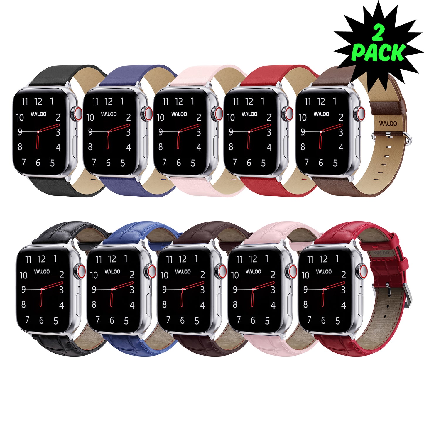 Waloo 2-Pack Leather Grain & Crocodile Leather Bands For Apple Watch
