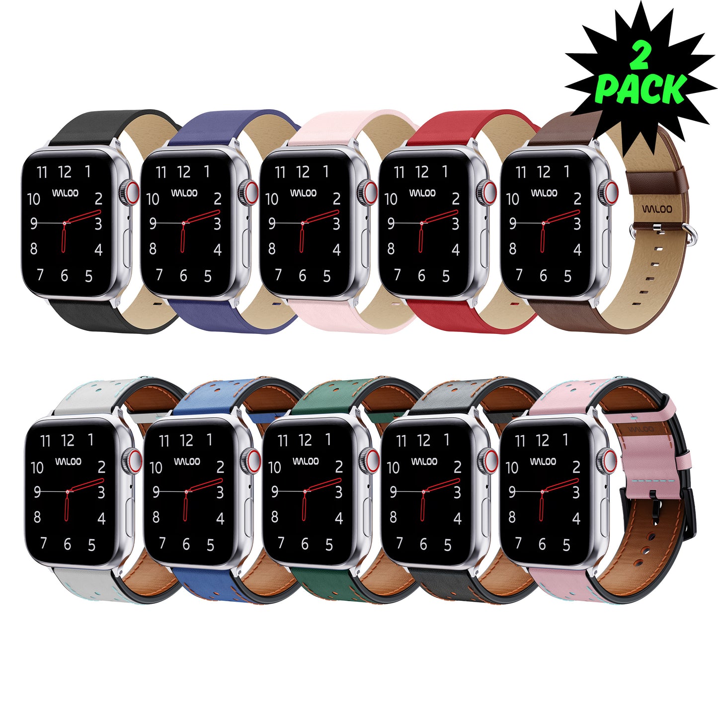 Waloo 2-Pack Leather Grain & Breathable Leather Bands For Apple Watch