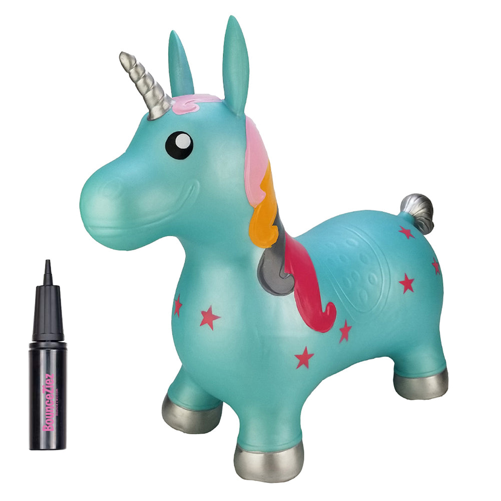BounceZiez Inflatable Bouncy Ride-On Hopper with Pump - Blue Unicorn