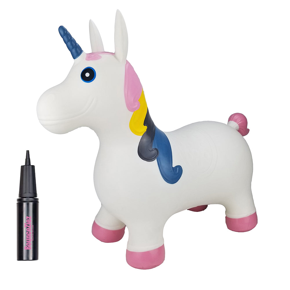 BounceZiez Inflatable Bouncy Ride-On Hopper with Pump - White Unicorn
