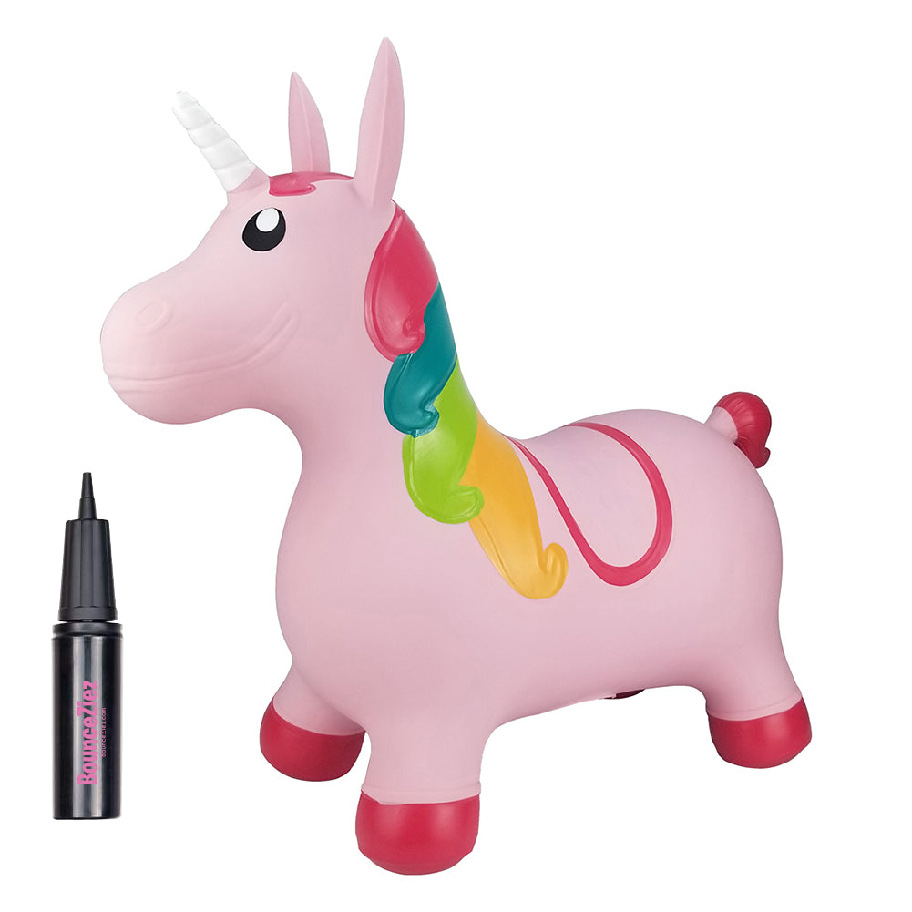 BounceZiez Inflatable Bouncy Ride-On Hopper with Pump - Pink Unicorn
