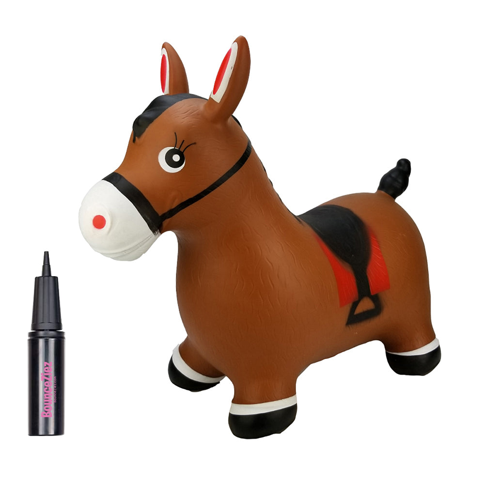 BounceZiez Inflatable Bouncy Ride-On Hopper with Pump - Brown Horse