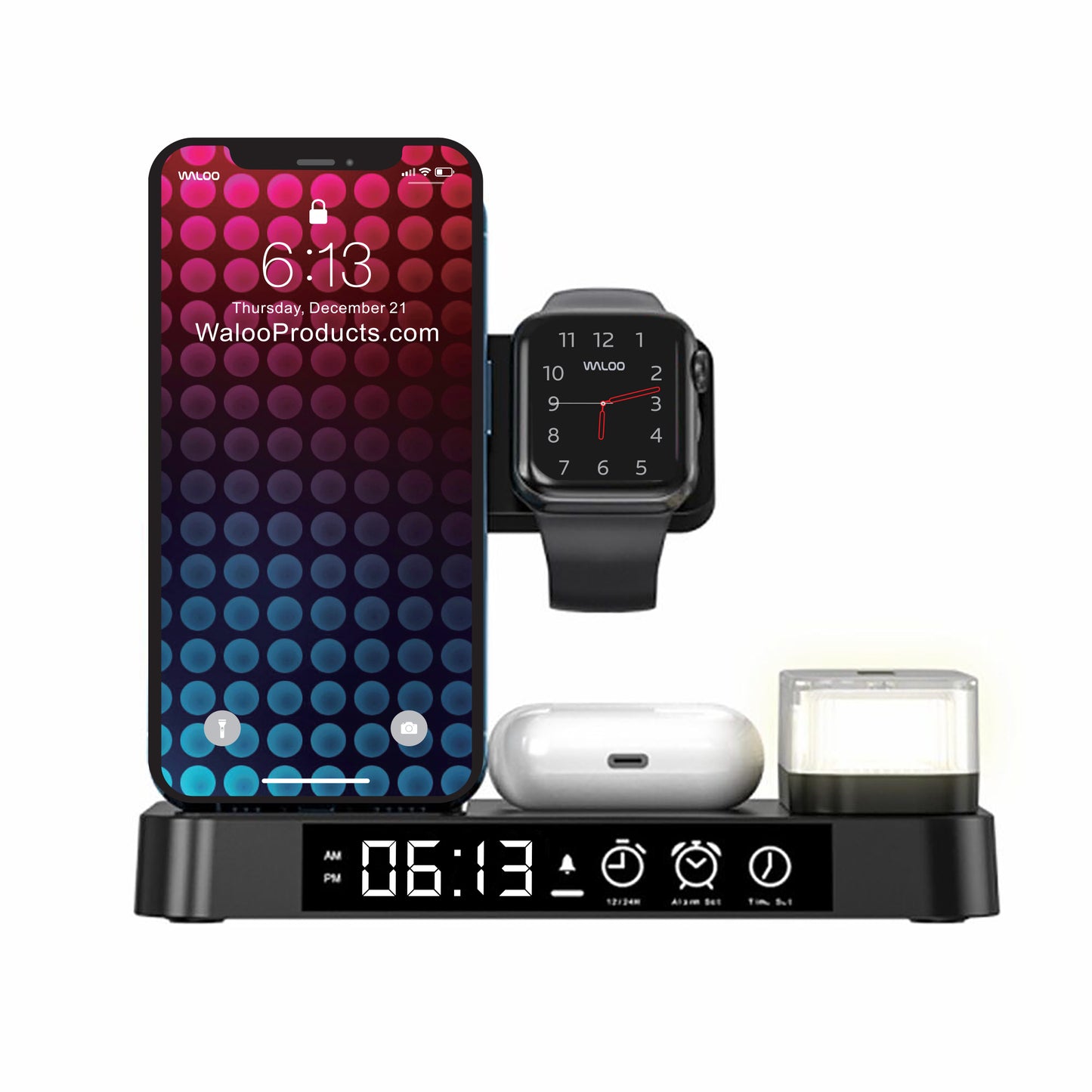 Waloo Wireless Charging Dock With Multi Colored Night Light & Alarm Clock For iPhone, Apple Watch & AirPods