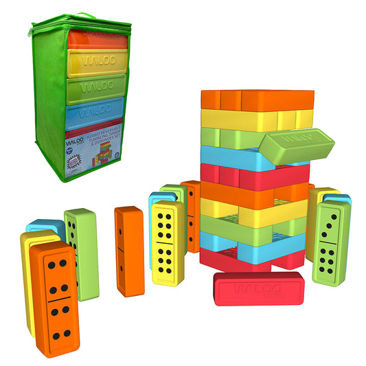 Waloo Jumbo Reversible Tumbling Tower & Dominoes Set - 30 Pc Set W/Carrying Case