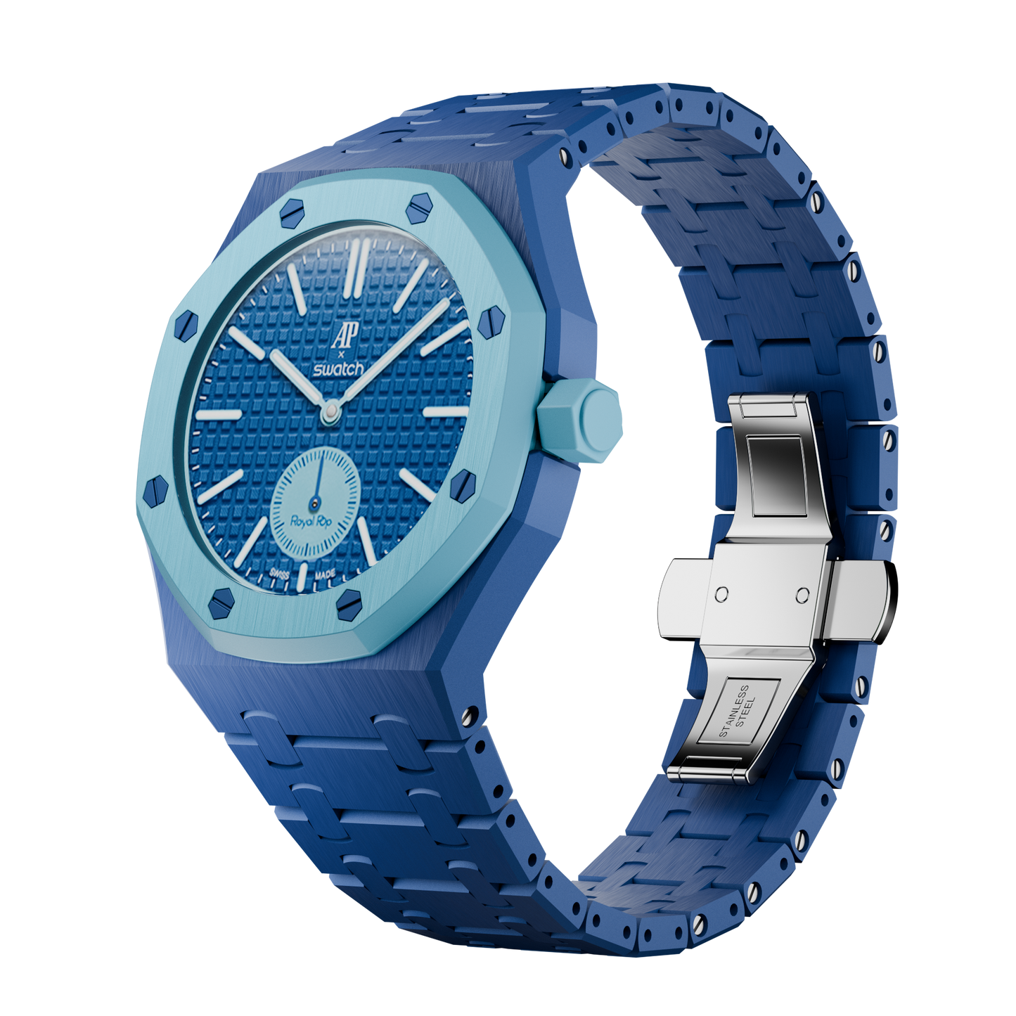 AP x Swatch Royal Pop Integrated Link Bracelet Band – Sky Blue – Classic Crown Edition | Waloo Watch Bands