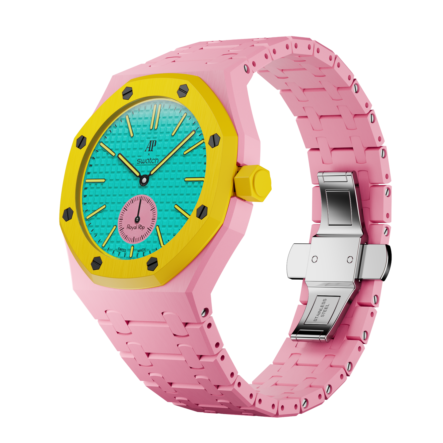 AP x Swatch Royal Pop Integrated Link Bracelet Band – Bubblegum Pop – Classic Crown Edition | Waloo Watch Bands