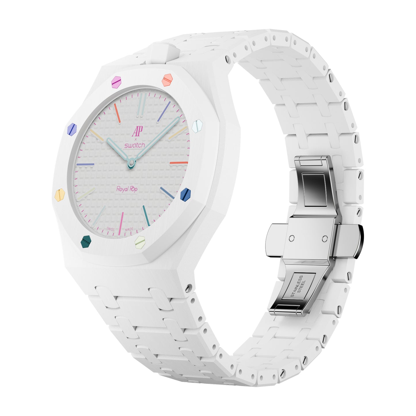 AP x Swatch Royal Pop Integrated Link Bracelet Band – Arctic White – Vertical Crown Edition | Waloo Watch Bands