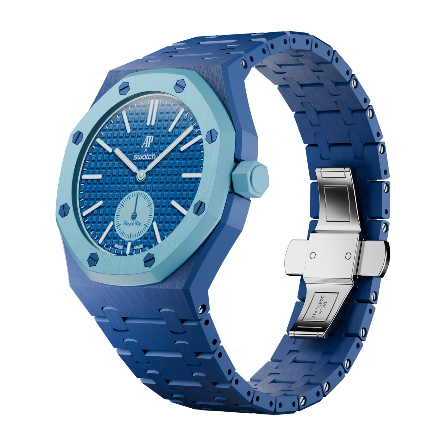 AP x Swatch Royal Pop Integrated Link Bracelet Band – Sky Blue – Classic Crown Edition | Waloo Watch Bands