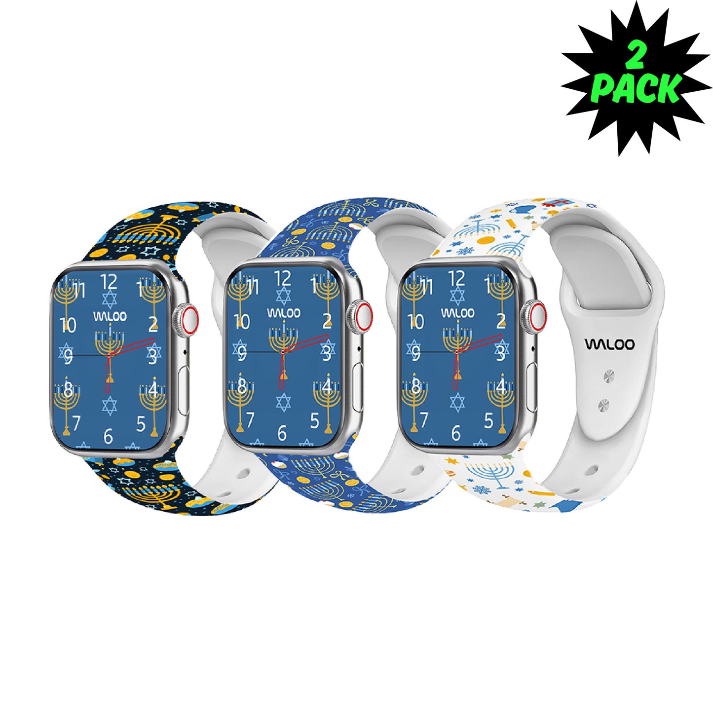Waloo 2-Pack Hanukkah/Holiday Fun Silicone Sport Bands For Apple Watch