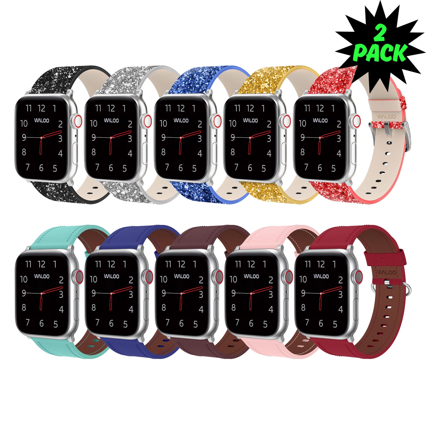 Waloo 2-Pack Leather Bling  & Classic Leather Bands For Apple Watch