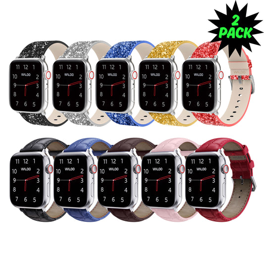 Waloo 2-Pack Leather Bling & Crocodile Leather Bands For Apple Watch