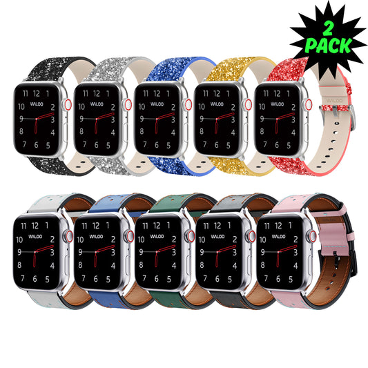 Waloo 2-Pack Leather Bling & Breathable Leather Bands For Apple Watch