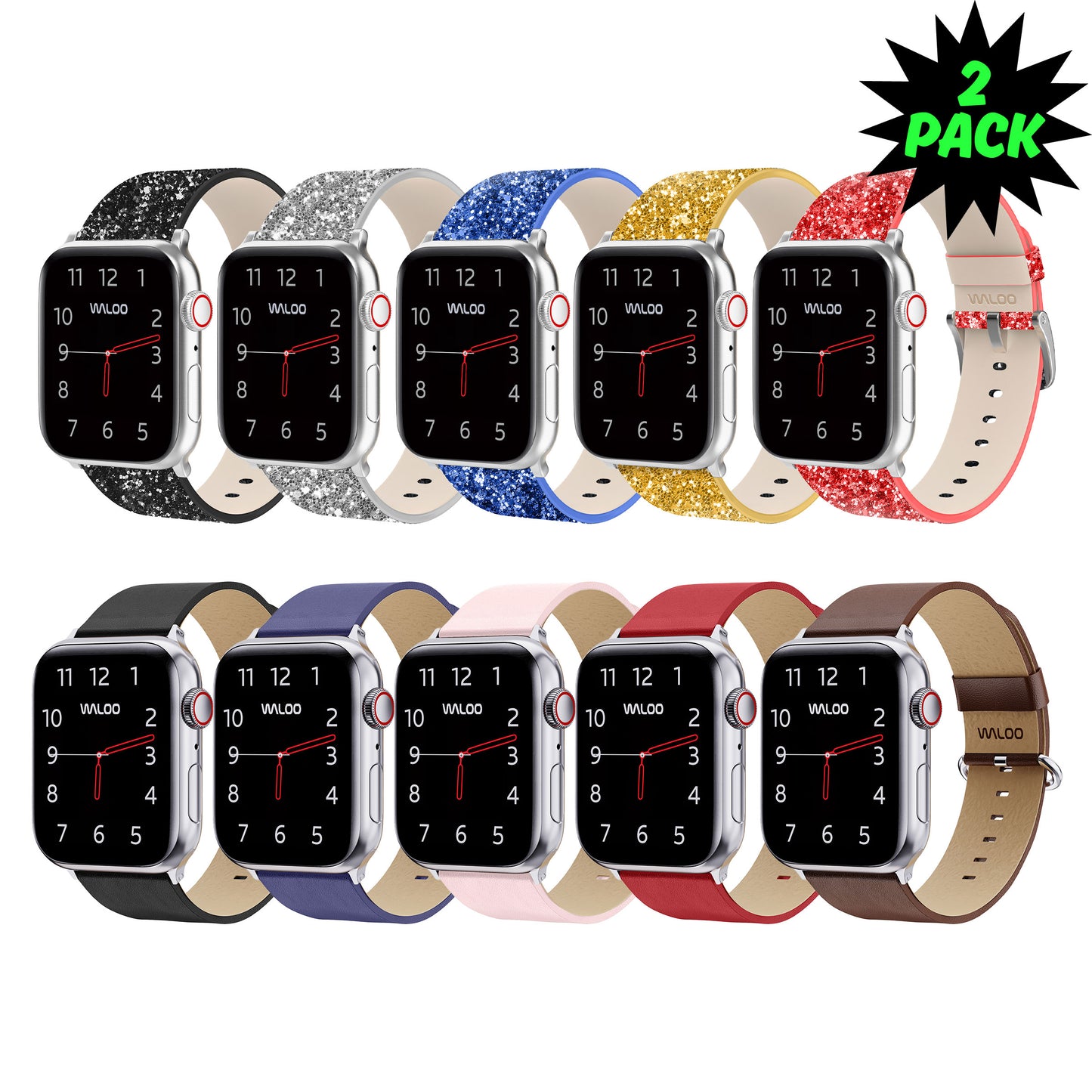 Waloo 2-Pack Leather Bling & Leather Gain Bands For Apple Watch