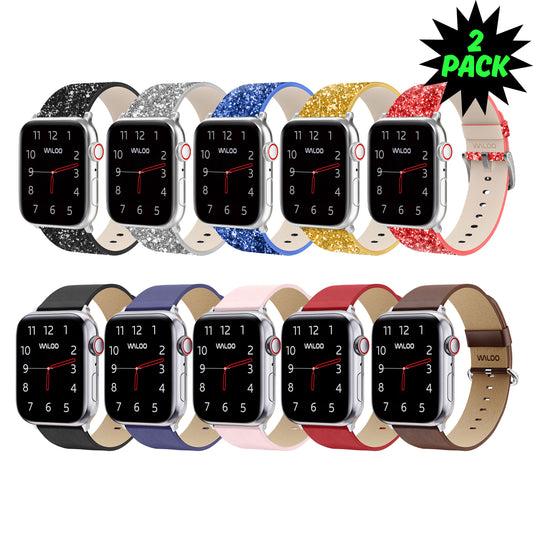 Waloo 2-Pack Leather Bling & Leather Gain Bands For Apple Watch