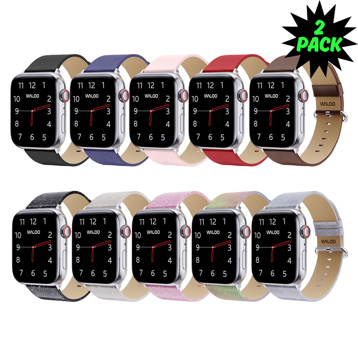Waloo 2-Pack Leather Grain & Shiny Brilliance Leather Bands For Apple Watch