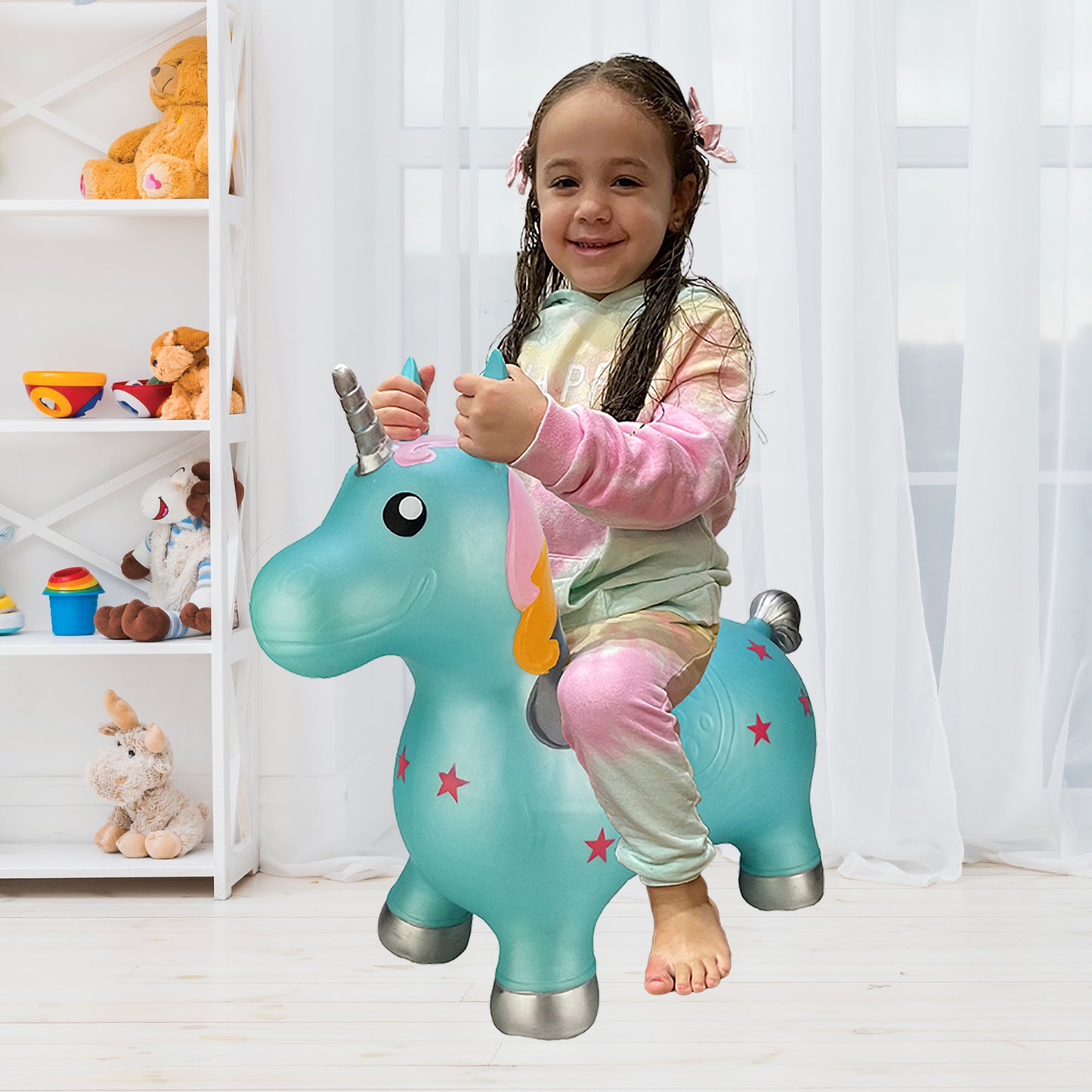 BounceZiez Inflatable Bouncy Ride-On Hopper with Pump - Blue Unicorn
