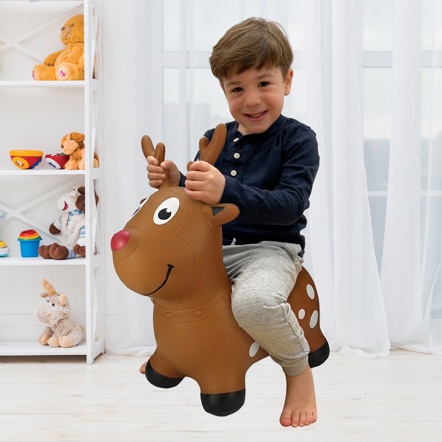 BounceZiez Inflatable Bouncy Ride-On Hopper with Pump - Reindeer