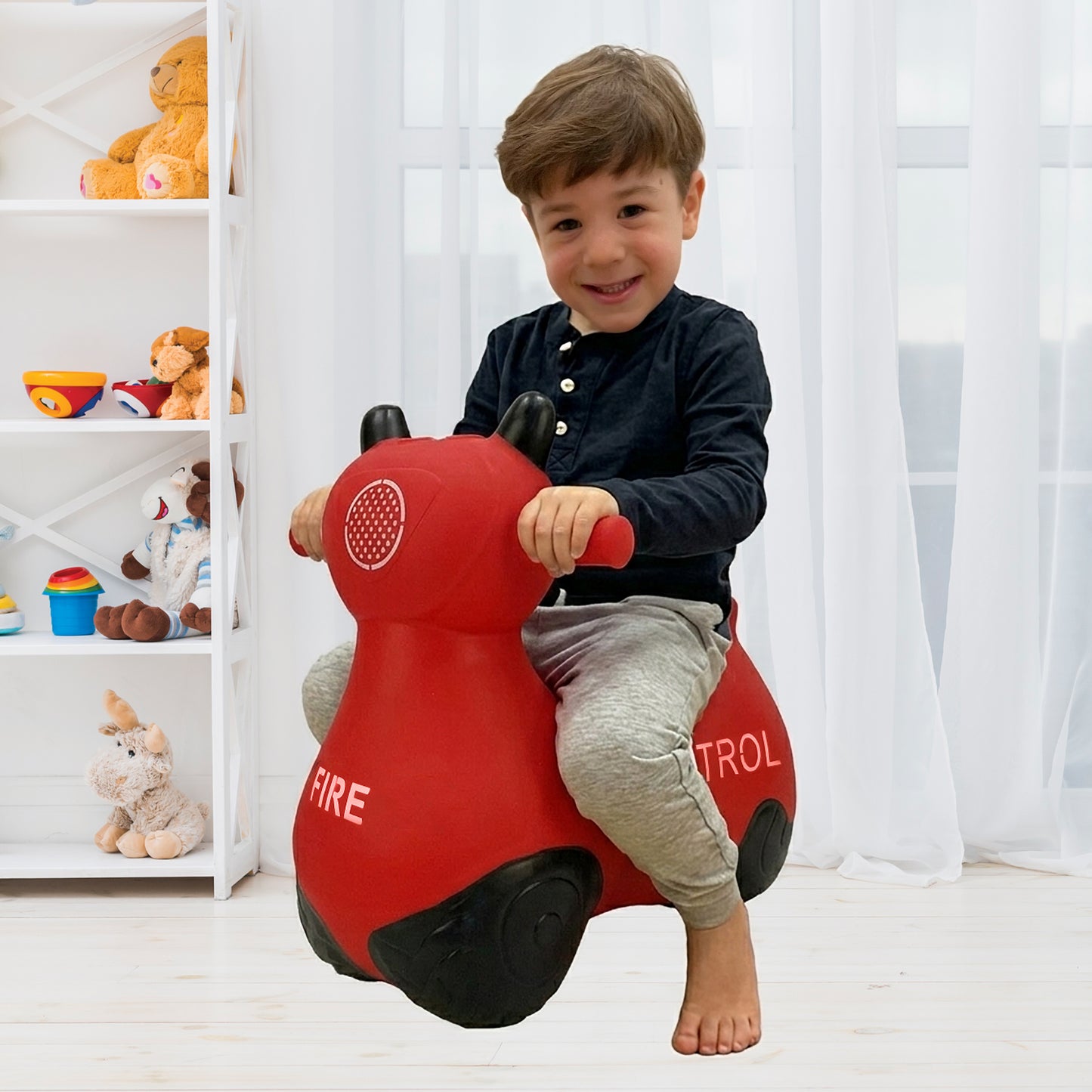 BounceZiez Inflatable Bouncy Ride-On Hopper with Pump - Fire Patrol