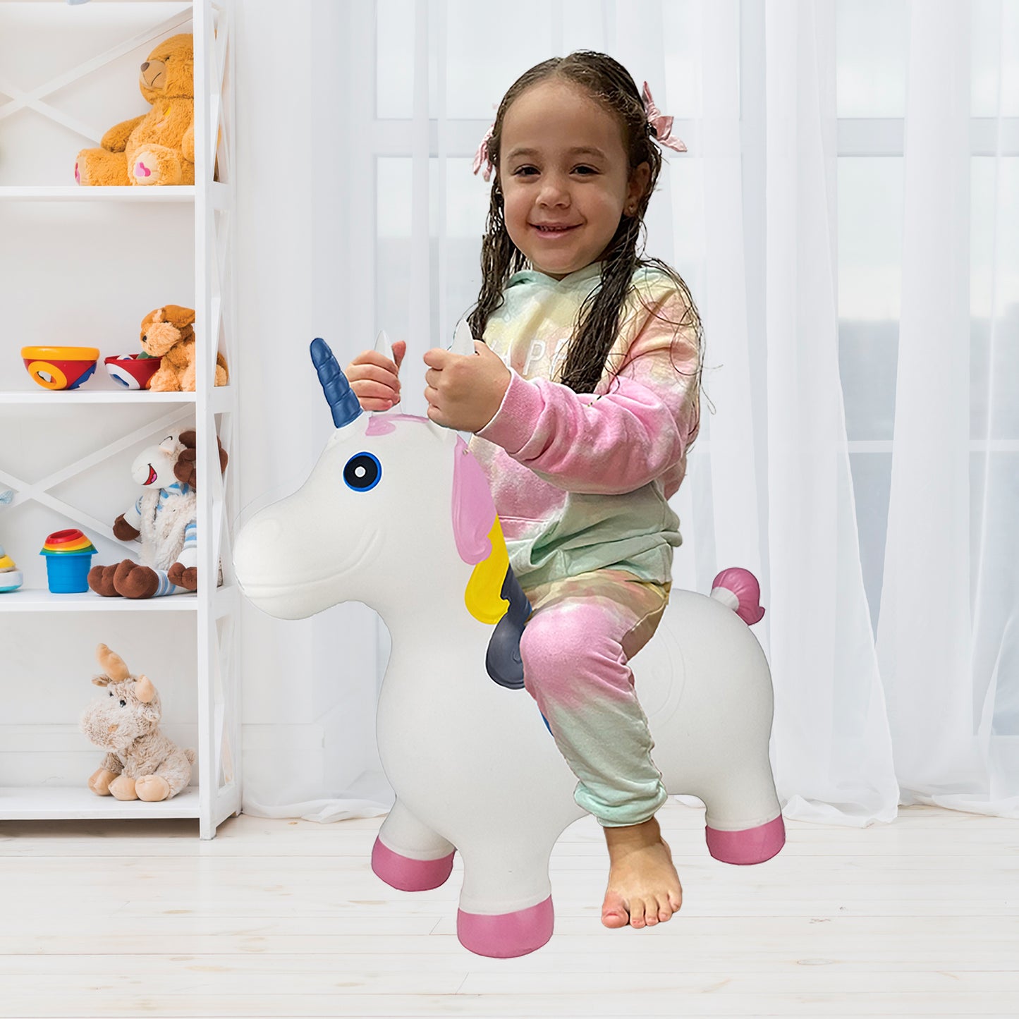 BounceZiez Inflatable Bouncy Ride-On Hopper with Pump - White Unicorn