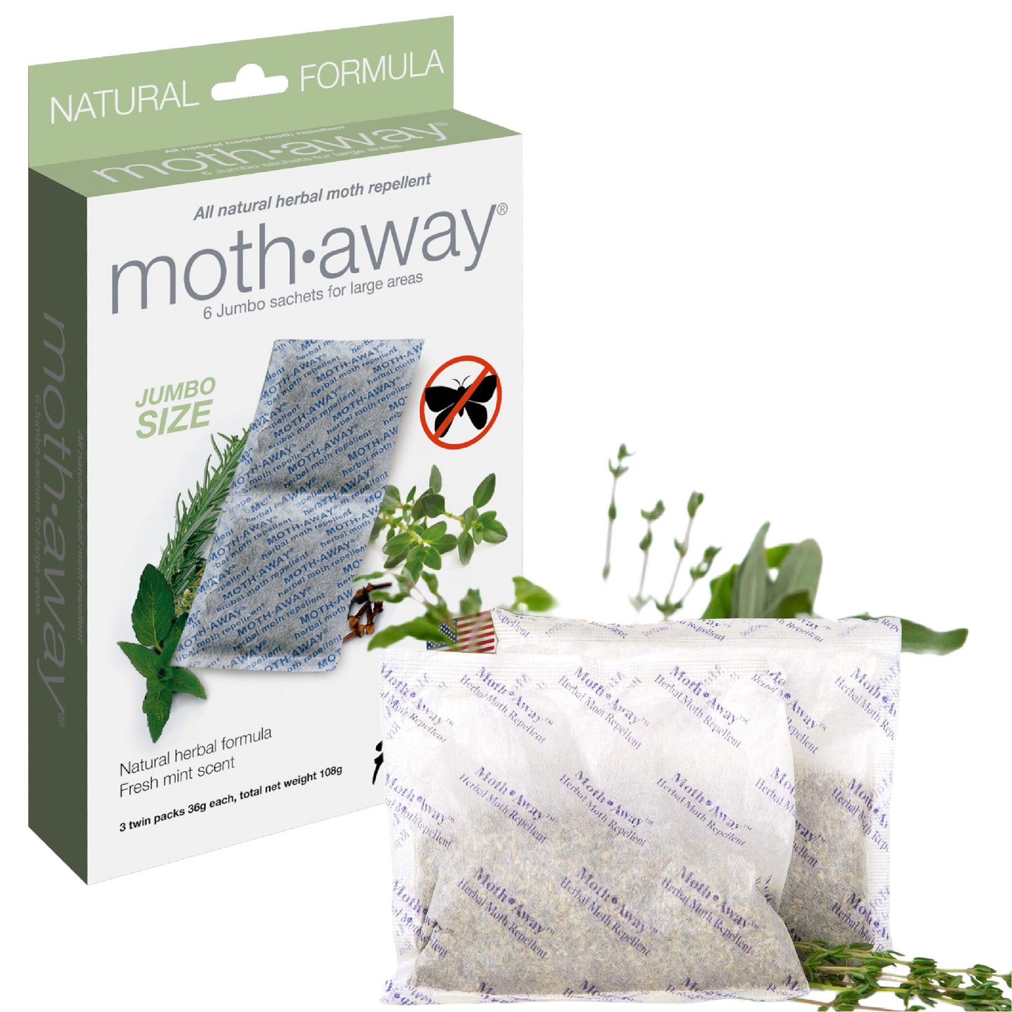 Moth Away All Natural Herbal Moth Repellent - Non Toxic - Jumbo Sachets