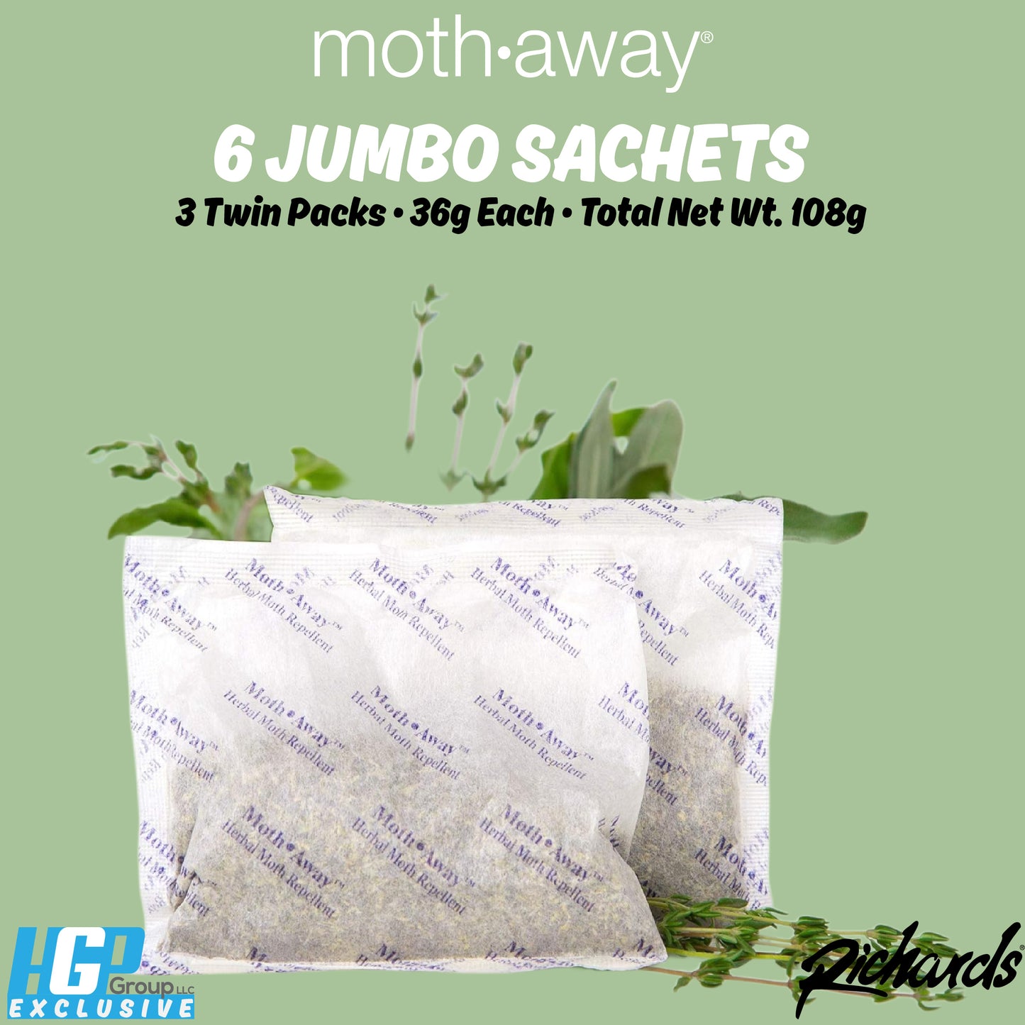 Moth Away All Natural Herbal Moth Repellent - Non Toxic - Jumbo Sachets