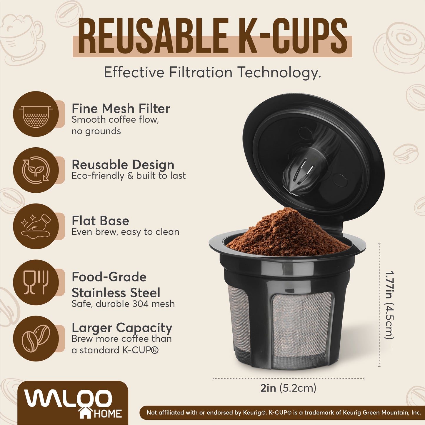 Waloo Home Reusable Single Serve Coffee Pods - Compatible with Keurig Coffee Brewers
