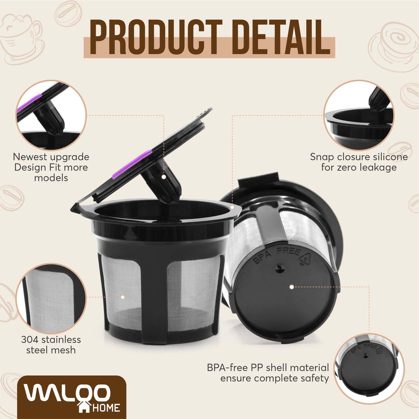 Waloo Home Reusable Single Serve Coffee Pods - Compatible with Keurig Coffee Brewers