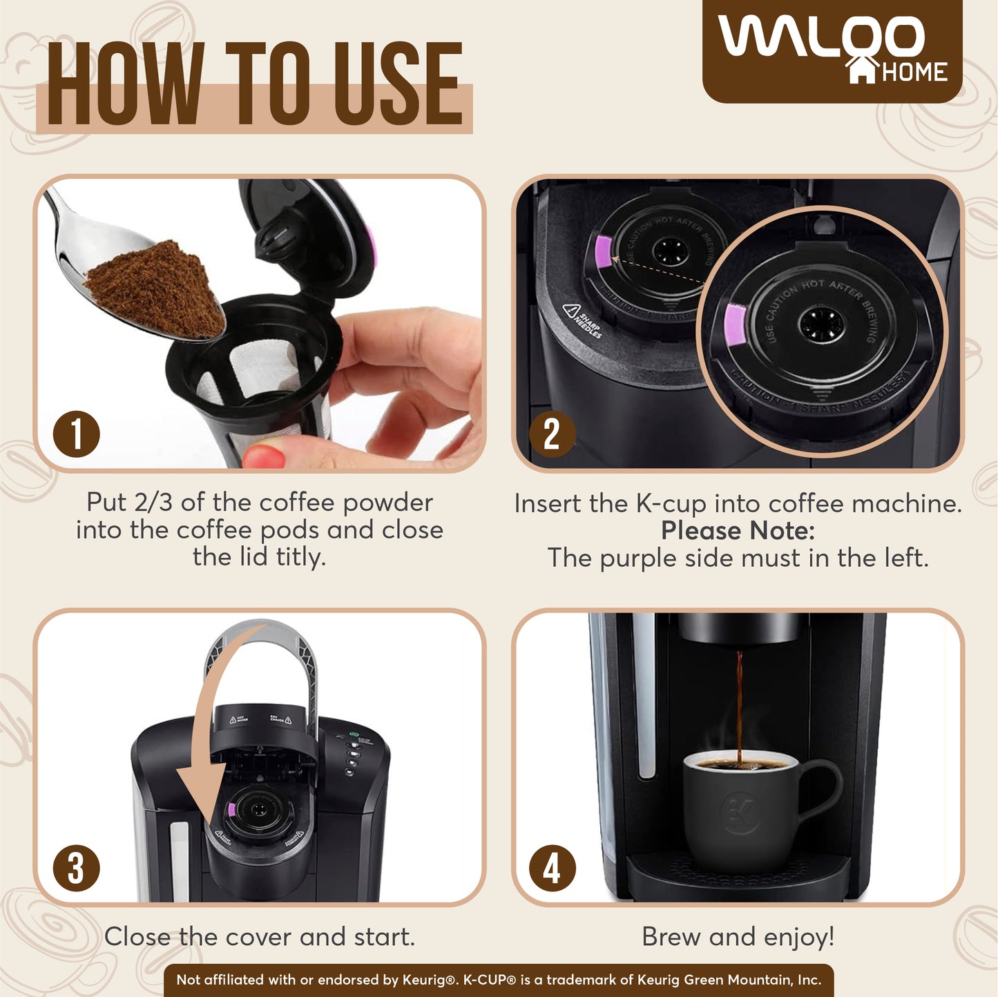 Waloo Home Reusable Single Serve Coffee Pods - Compatible with Keurig Coffee Brewers