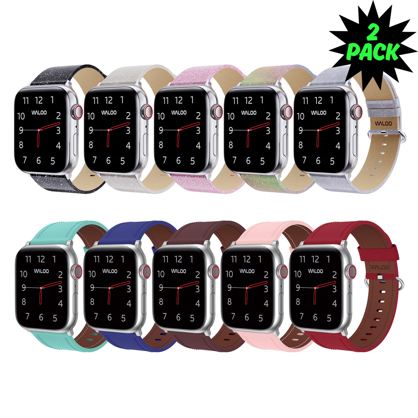Waloo 2-Pack Shiny Brilliance Leather & Classic Leather Bands For Apple Watch