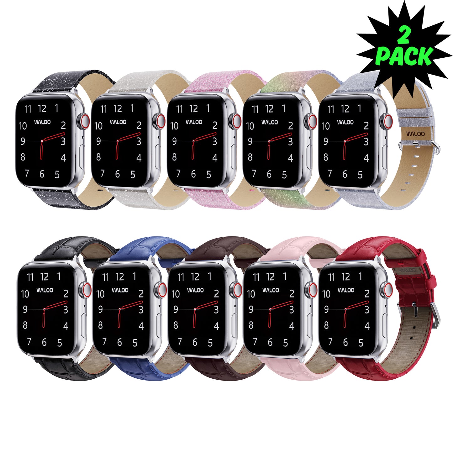 Waloo 2-Pack Shiny Brilliance Leather & Crocodile Leather Bands For Apple Watch