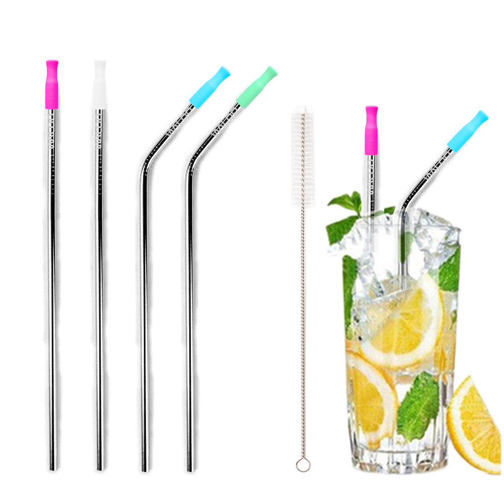 Silver Stainless Steel Drinking Straws W/ Bonus Silicone Tips (2 Curved & 2 Straight)