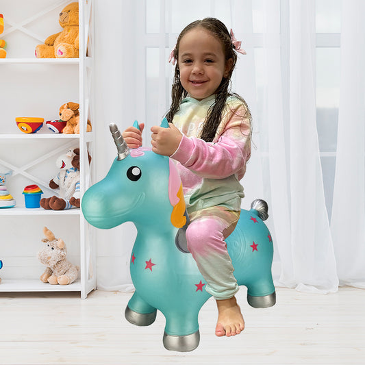 BounceZiez Inflatable Bouncy Ride-On Hopper with Pump - Blue Unicorn