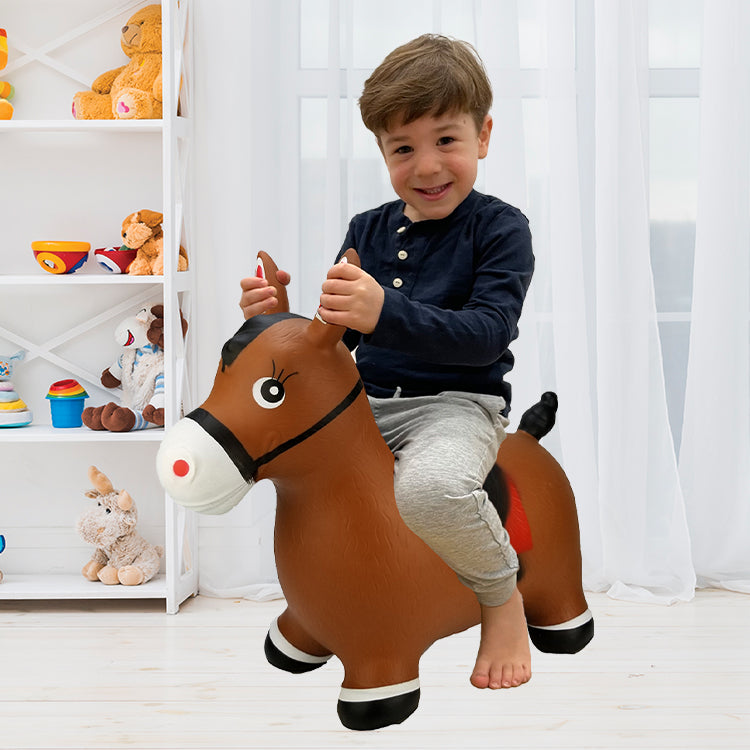 BounceZiez Inflatable Bouncy Ride-On Hopper with Pump - Brown Horse