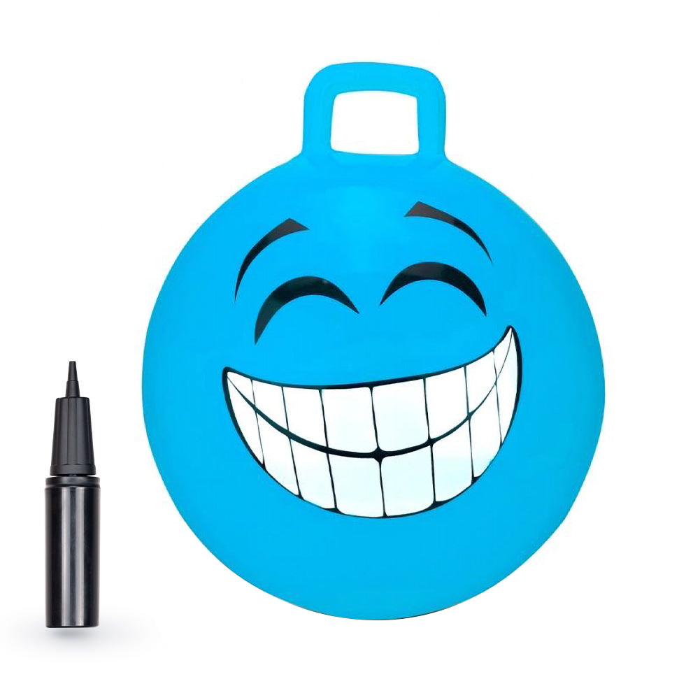 BounceZiez Inflatable Bouncy Hopper Ball with Pump - Blue Grinning Smile - 18" or 20"