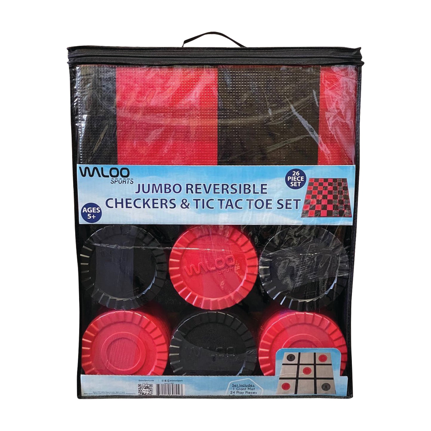 Waloo Jumbo Reversible Checkers & Tic Tac Toe Set W/Carrying Case