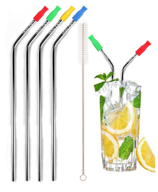 Silver Stainless Steel Drinking Straws W/ Silicone Tips (4 Pack)