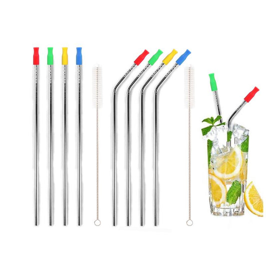 Silver Stainless Steel Drinking Straws W/ Silicone Tips (4 Pack)